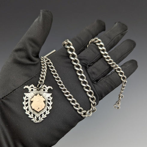 Around 1887 British Antique Sterling Silver Albert Chain 49g Sterling Silver Medal Fob